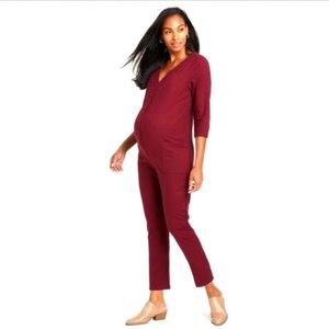 the nines by HATCH Button Front 3/4 Sleeve Cropped Maternity Jumper In Wine